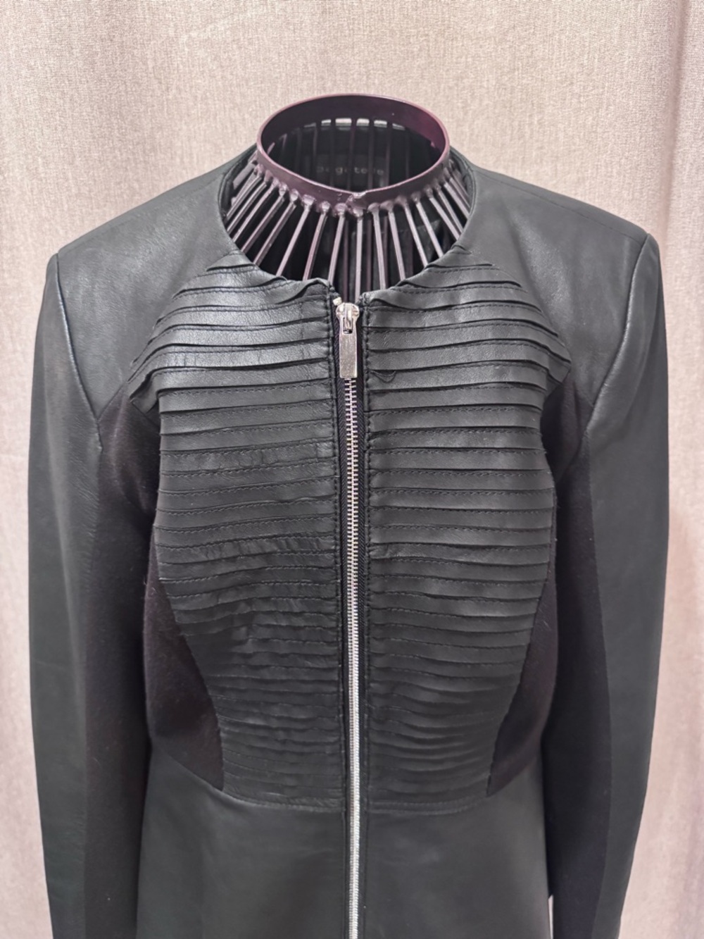 Bagatelle - Black Leather - Moto Jacket - Peplum - Zip - Mixed Media- M - Picture 3 of 16
